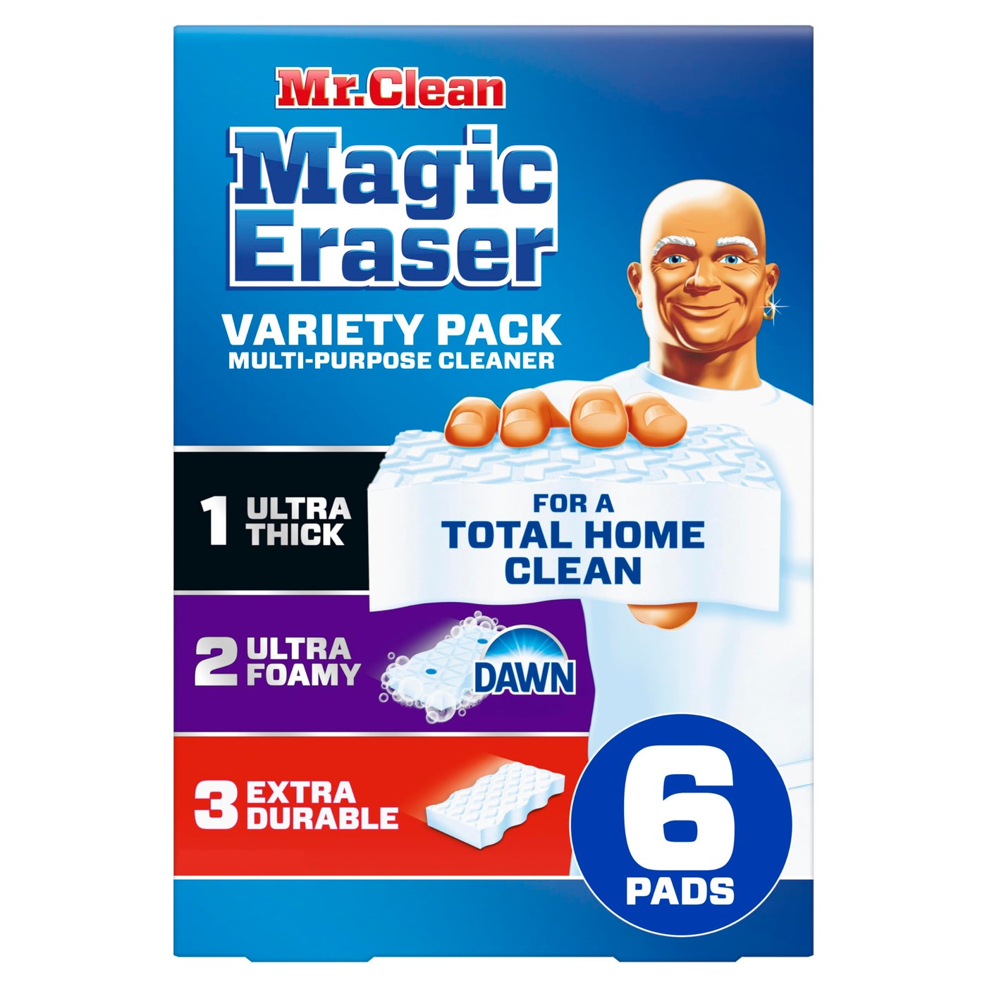 Mr Clean Mr. Clean Magic Eraser Sponge  All Purpose Cleaner  Cleaning Scrubber  Kitchen  Bathroom  Shower  Oven  Cleaning Supplies  Variety Pack with 1 Ultra Thick  2 Ultra Foamy  & 3 Extra Durable  6